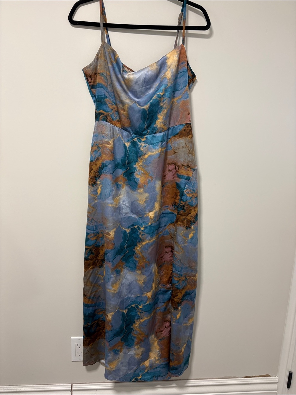 NWT Micas Marble-Print Maxi Slip Dress in Blue & Gold